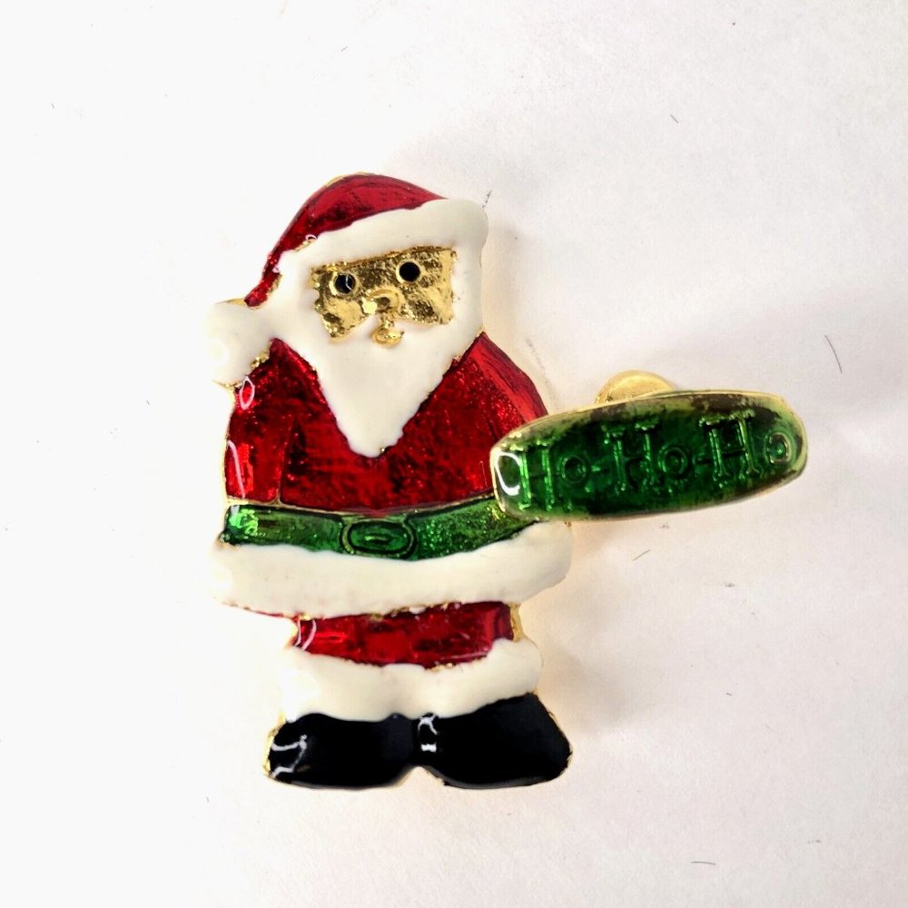 HOHOHO Waving Trembler Santa Claus Green And Red Enamel Christmas Brooch 2"